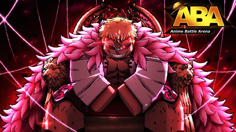 ABA key art of the string user sitting on his throne, pink coat and sunglasses